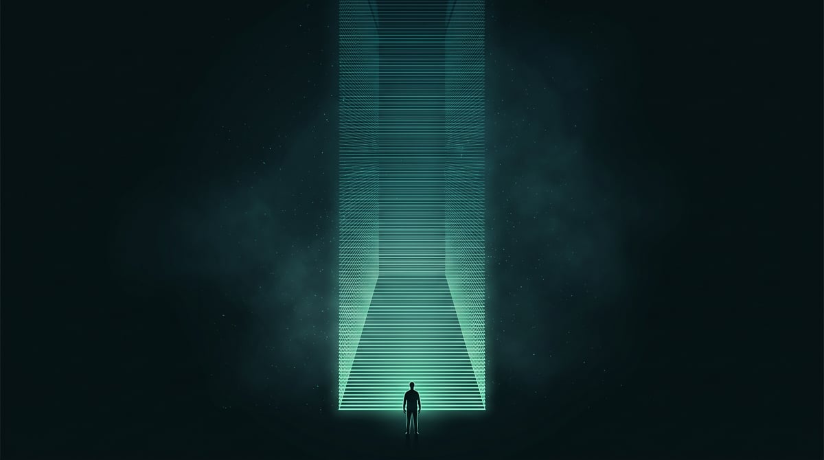 Coluna vertical gigantesca formada por linhas de luz representando uma janela de contexto, com uma figura humana pequena na base