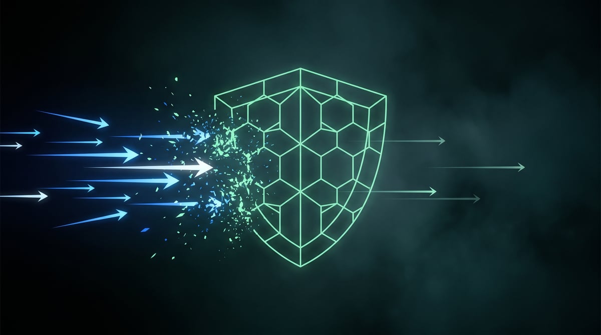 Escudo hexagonal luminoso absorvendo a maior parte de um fluxo de setas, enquanto algumas atravessam do outro lado