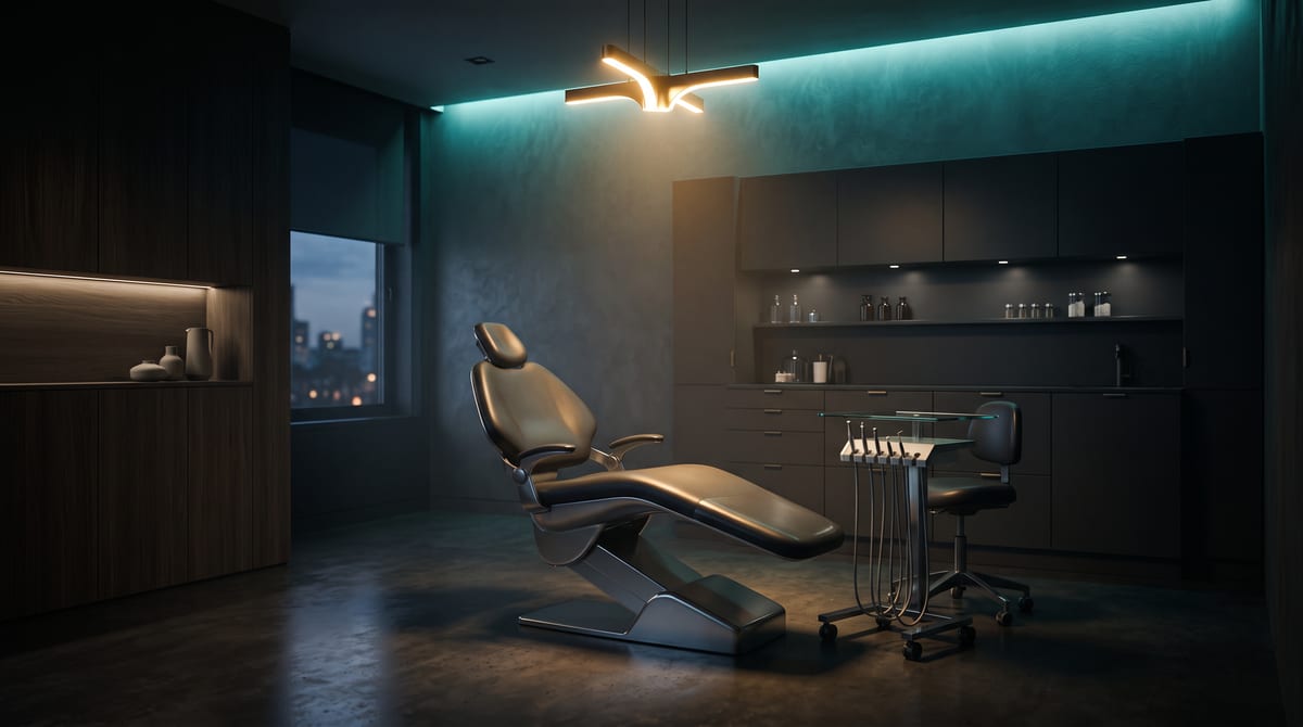 Consultório de clínica odontológica e de estética facial de alto padrão, com cadeira de atendimento e iluminação ambiente