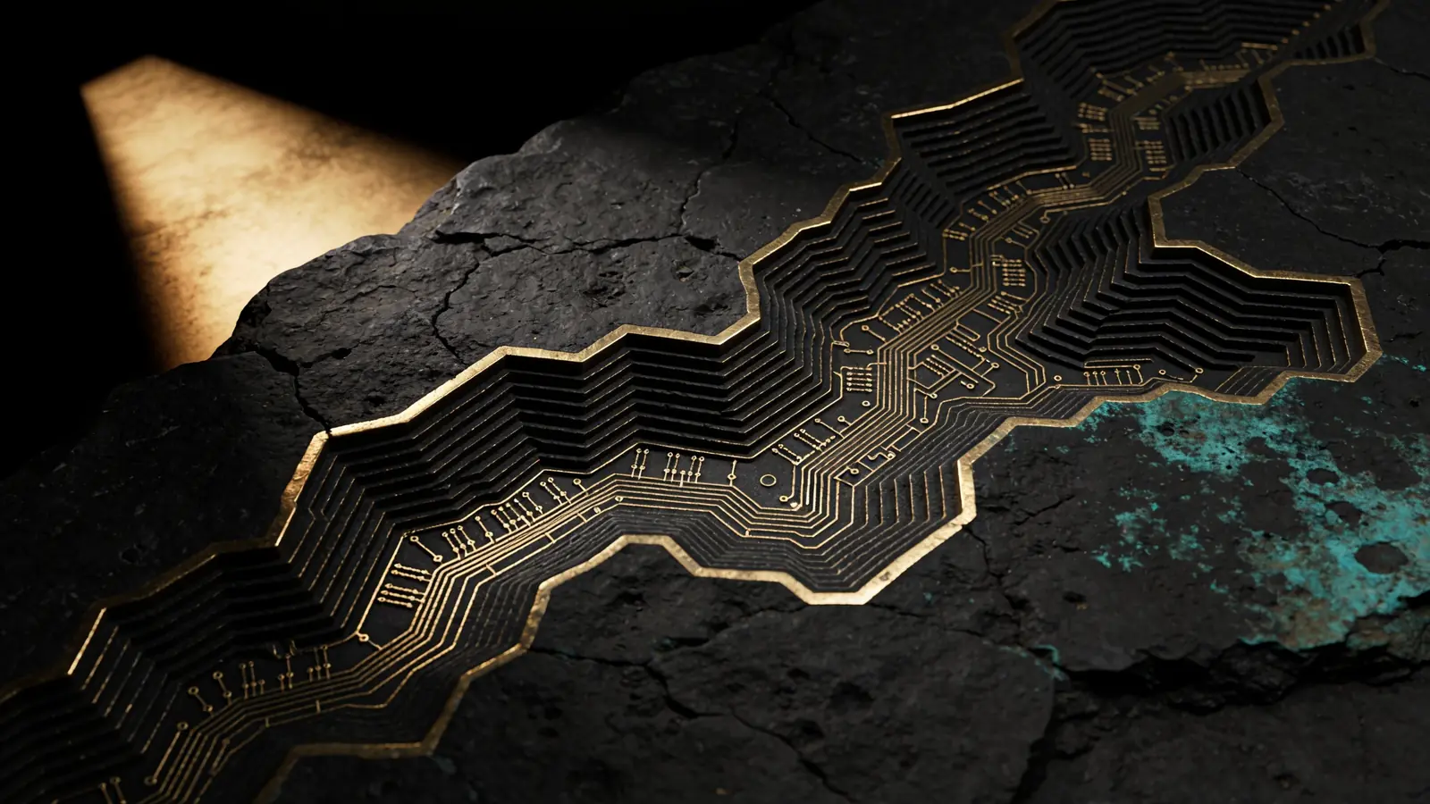 Relevo topográfico esculpido em pedra negra com veios de ouro — o dado como território